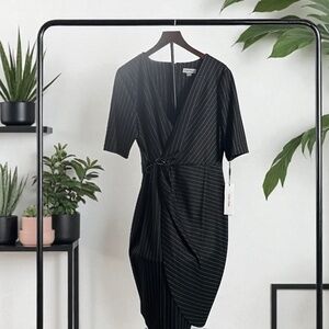 Calvin Klein Black Knit Pinstriped Looped Side-Tie Dress l Size 16